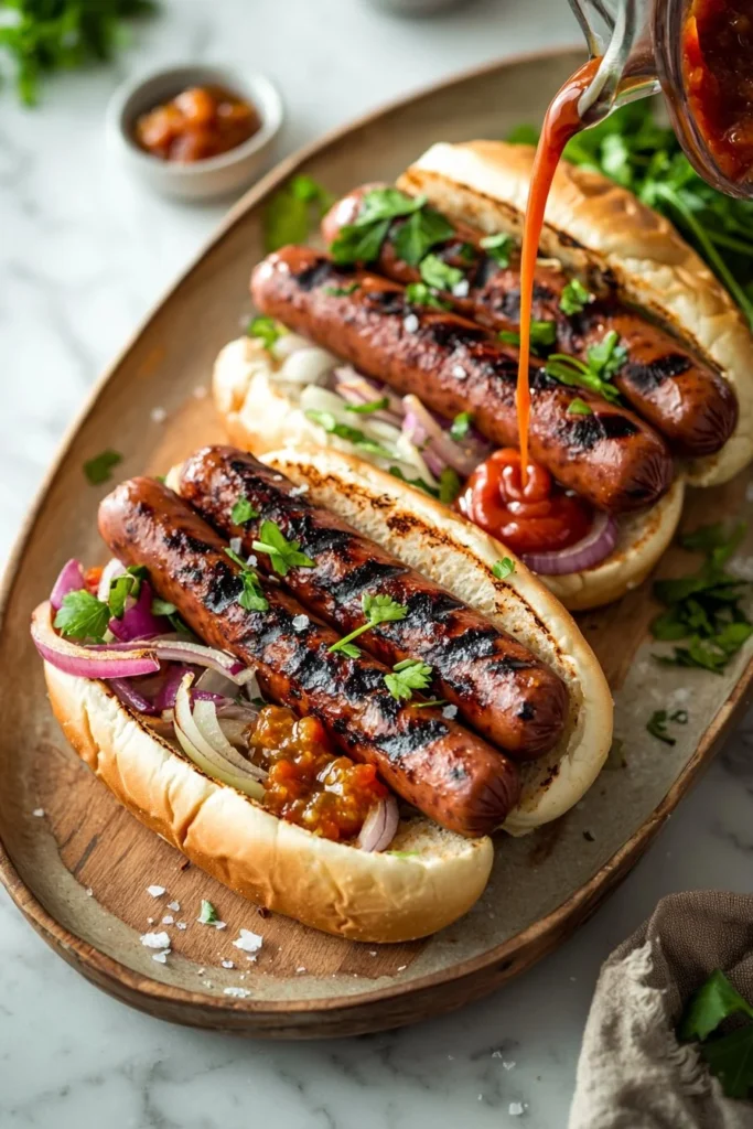 Delicious grilled beef franks served with condiments and garnishes.
