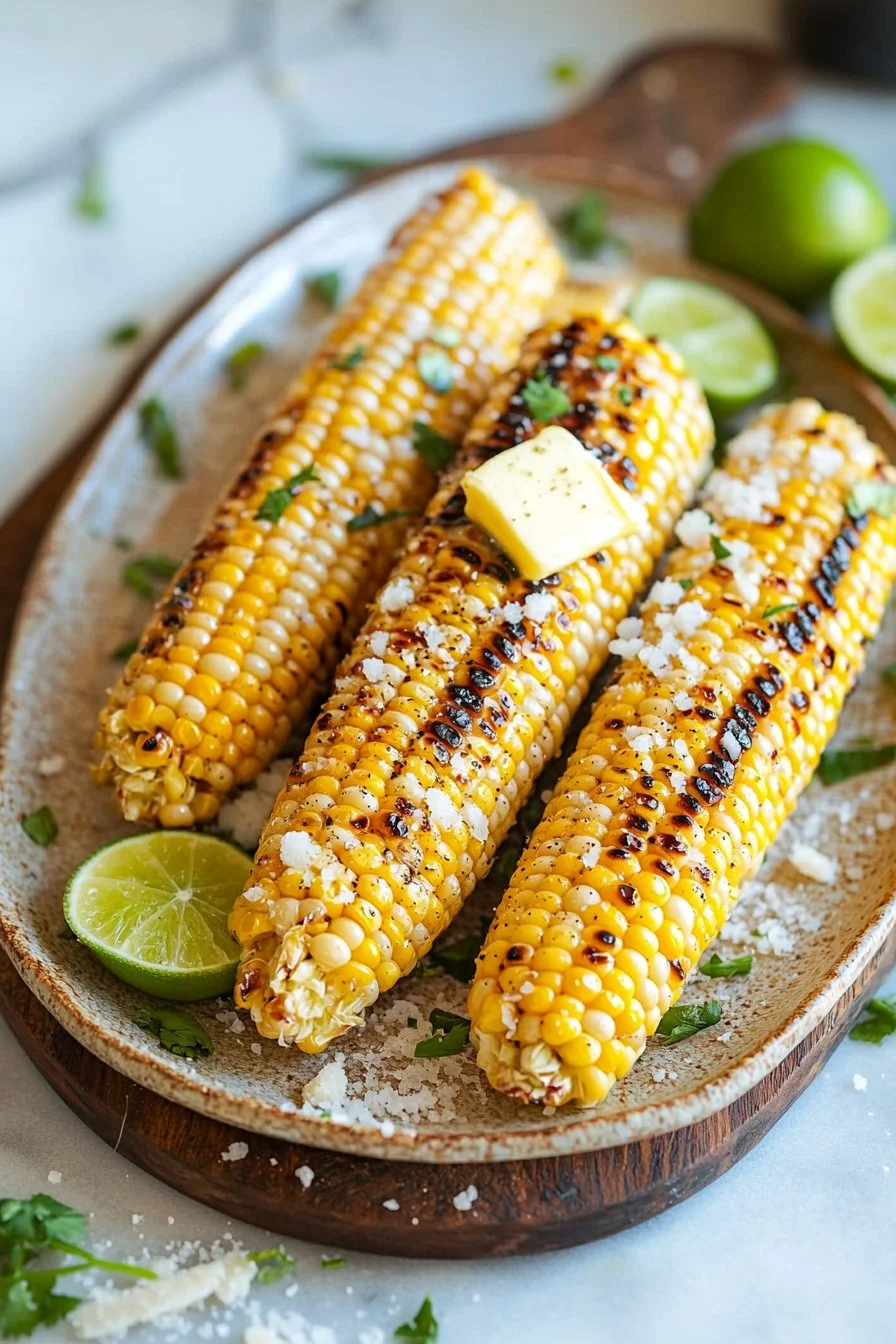 Delicious grilled corn on the cob served with butter and seasoning