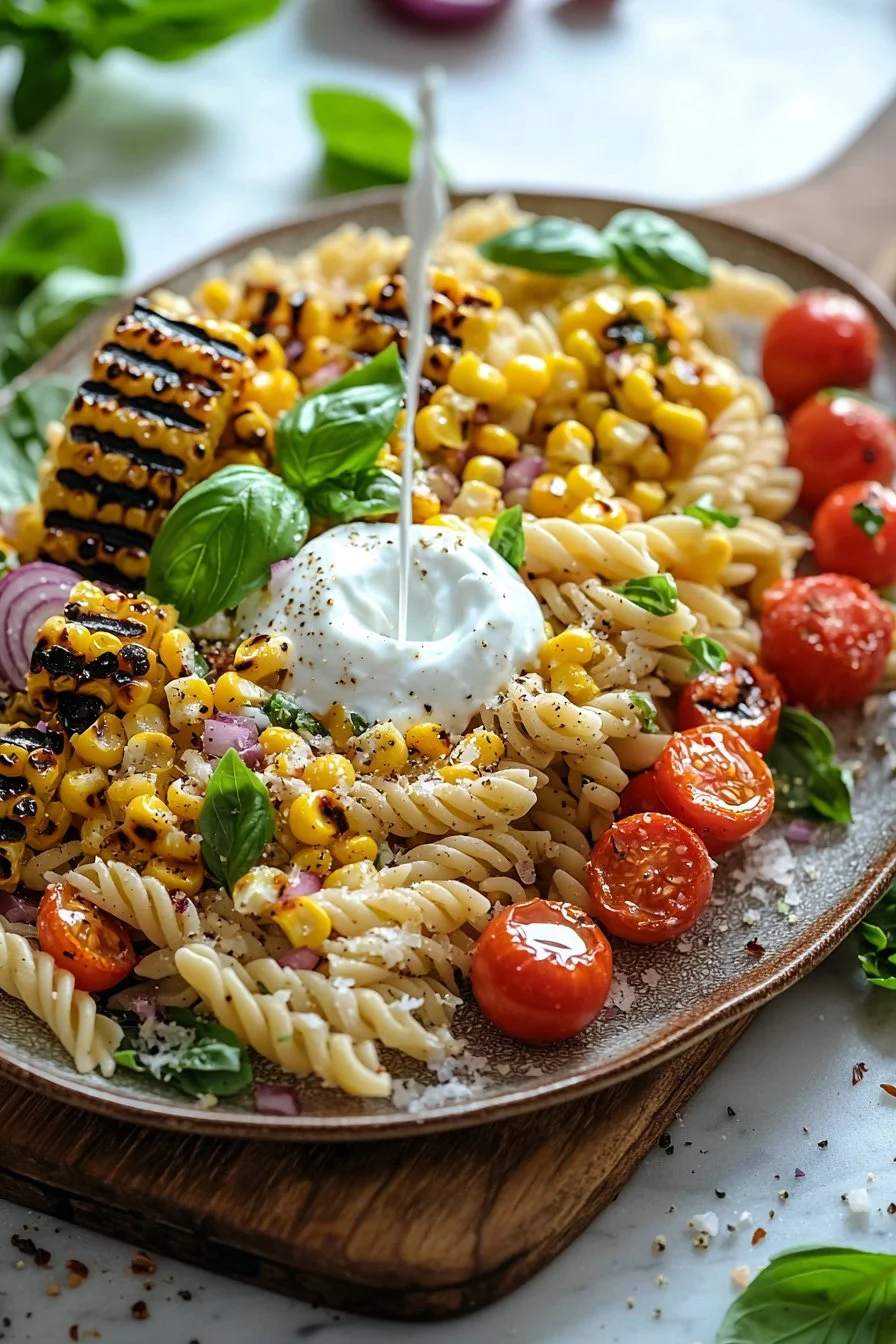 Grilled corn pasta salad with Greek yogurt served in a bowl