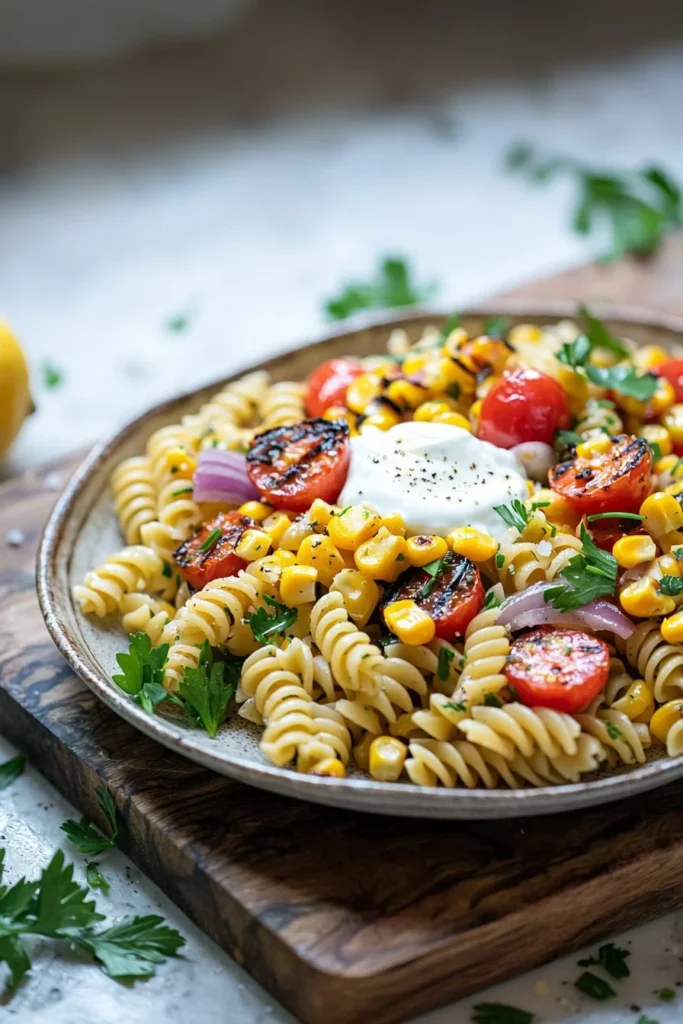 Grilled corn pasta salad topped with Greek yogurt and fresh vegetables