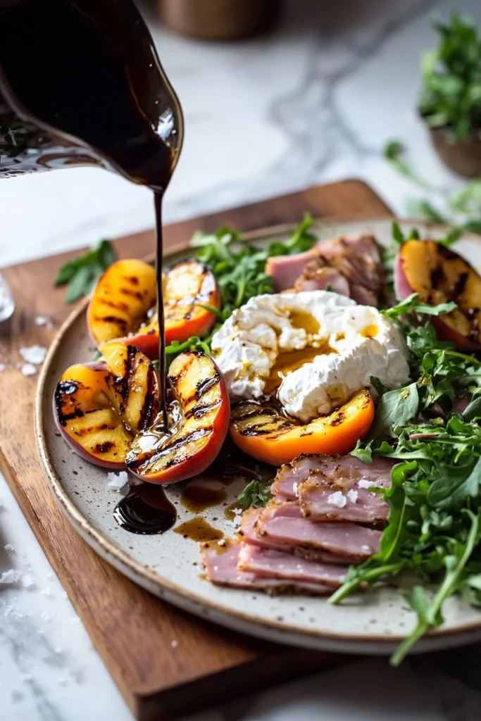 Grilled Nectarine Burrata Salad with turkey ham on a plate