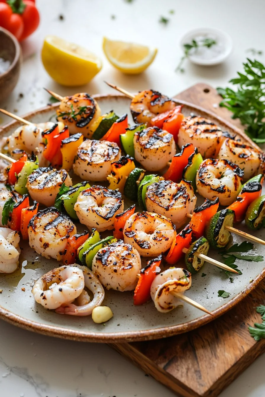 Plate of grilled seafood skewers featuring shrimp, fish, and vegetables.