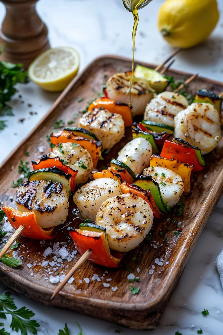 Grilled seafood skewers featuring shrimp, fish, and vegetables on a barbecue grill.