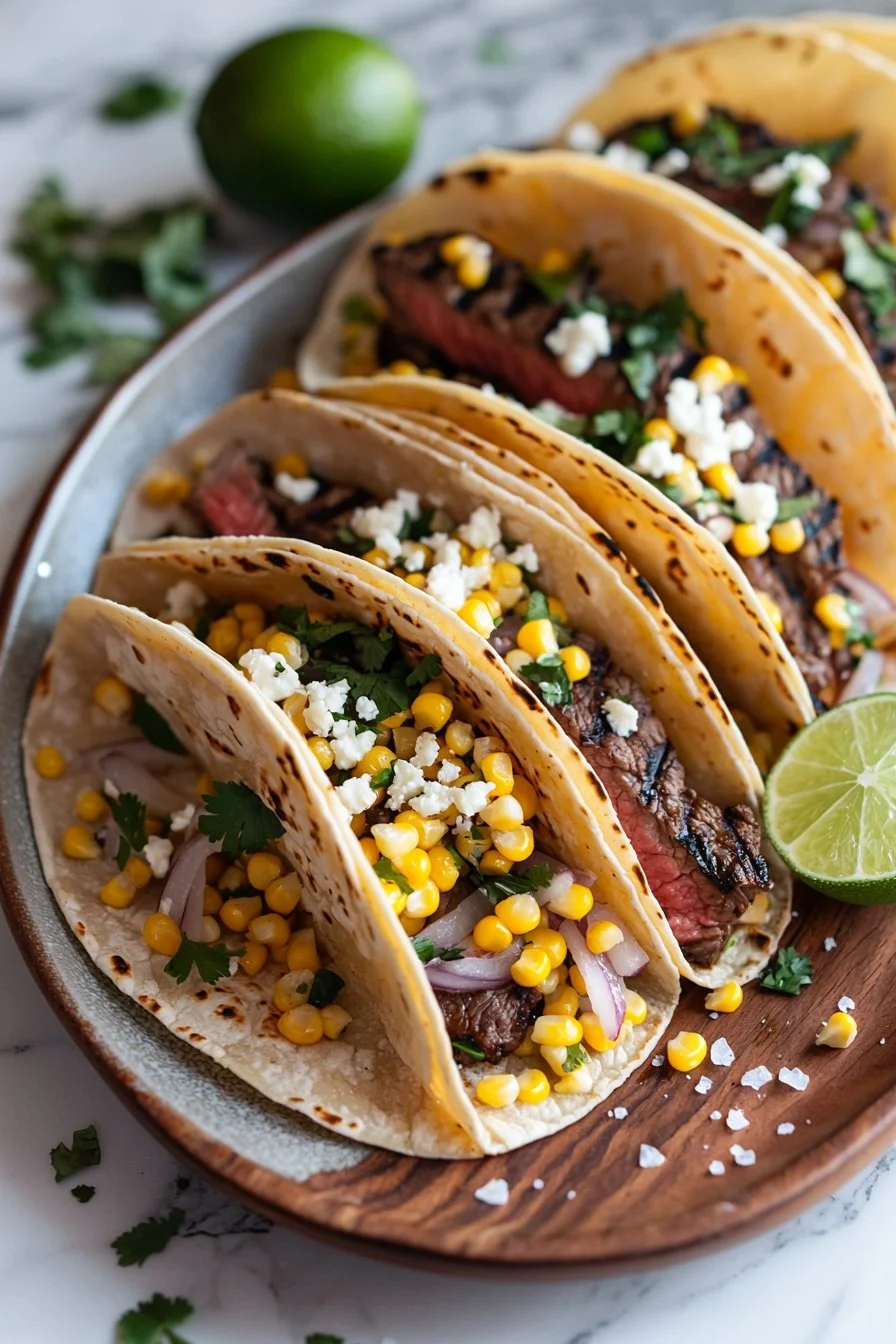 Delicious grilled steak tacos with street corn served on a wooden table