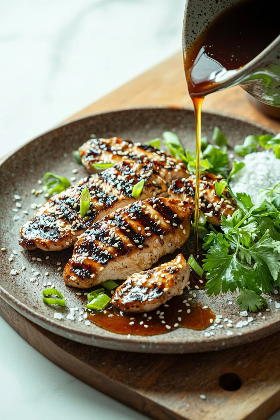 Grilled teriyaki chicken served with vegetables and rice on a plate.