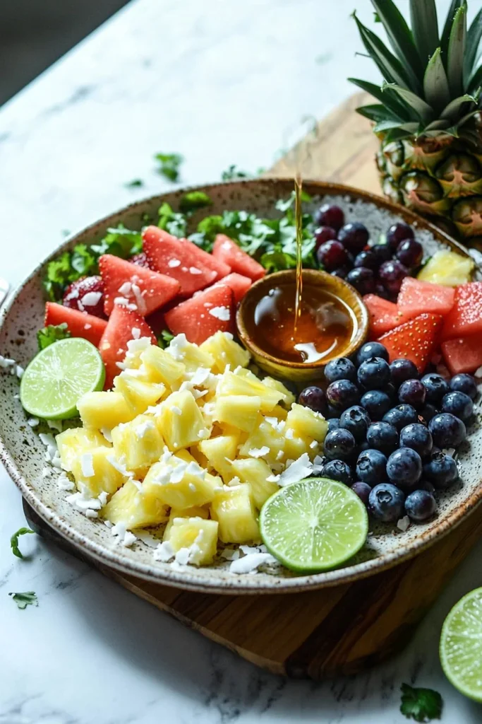 Colorful Hawaiian Fruit Salad featuring tropical fruits like pineapple and mango