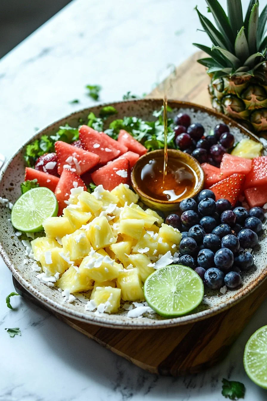 Colorful Hawaiian Fruit Salad featuring tropical fruits like pineapple and mango