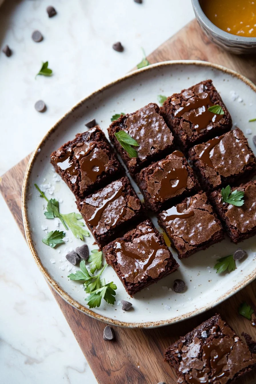 Healthy pumpkin brownies with chocolate drizzles on a plate