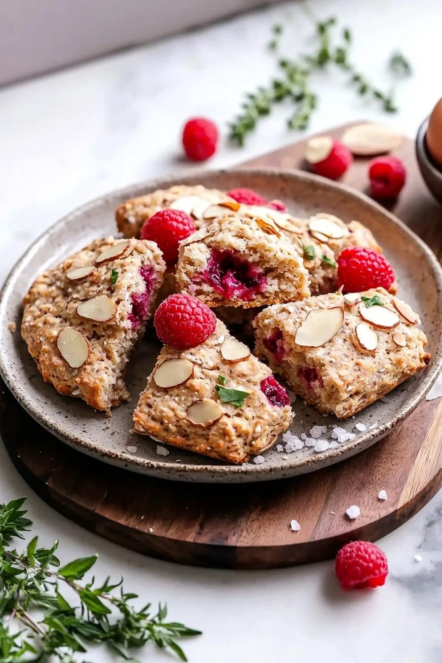 Healthy raspberry almond scones with fresh fruit and nuts