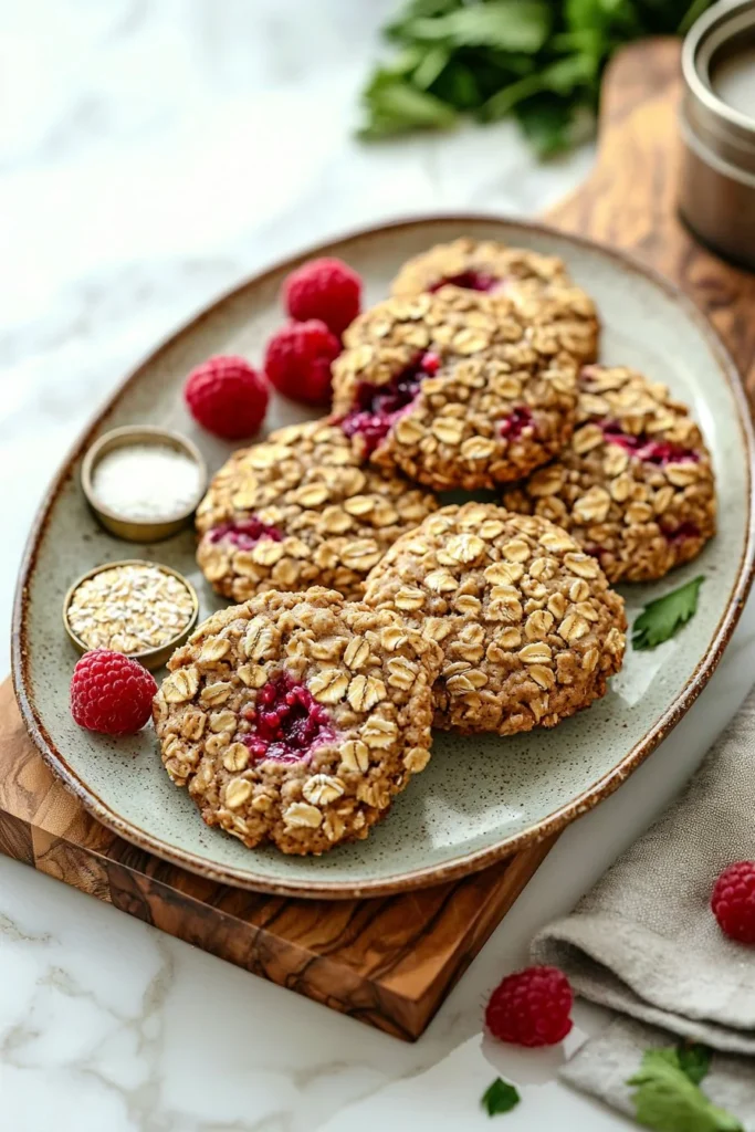 Healthy raspberry oatmeal cookies with fresh raspberries and oats