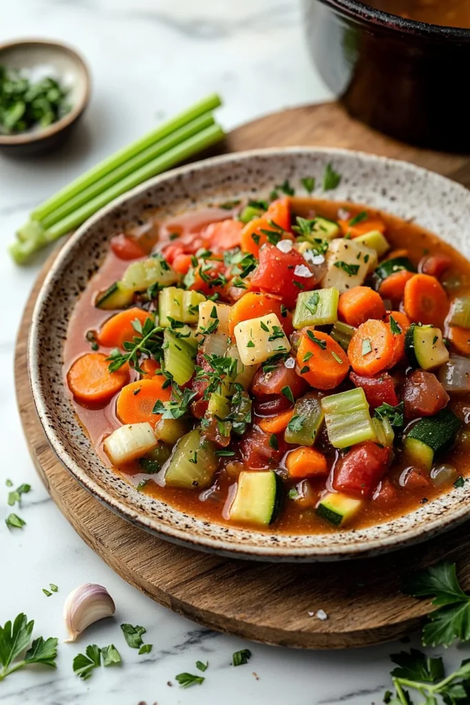 Bowl of hearty vegan vegetable stew with fresh vegetables and herbs