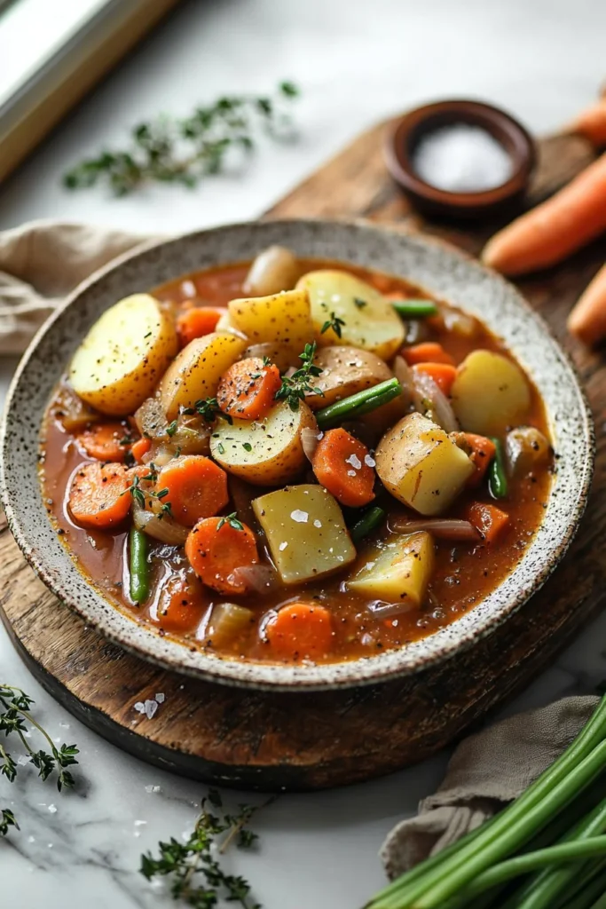 Bowl of hearty vegetable potato stew with fresh vegetables and herbs