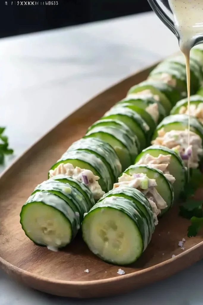 High-protein chicken salad cucumber rolls served on a plate