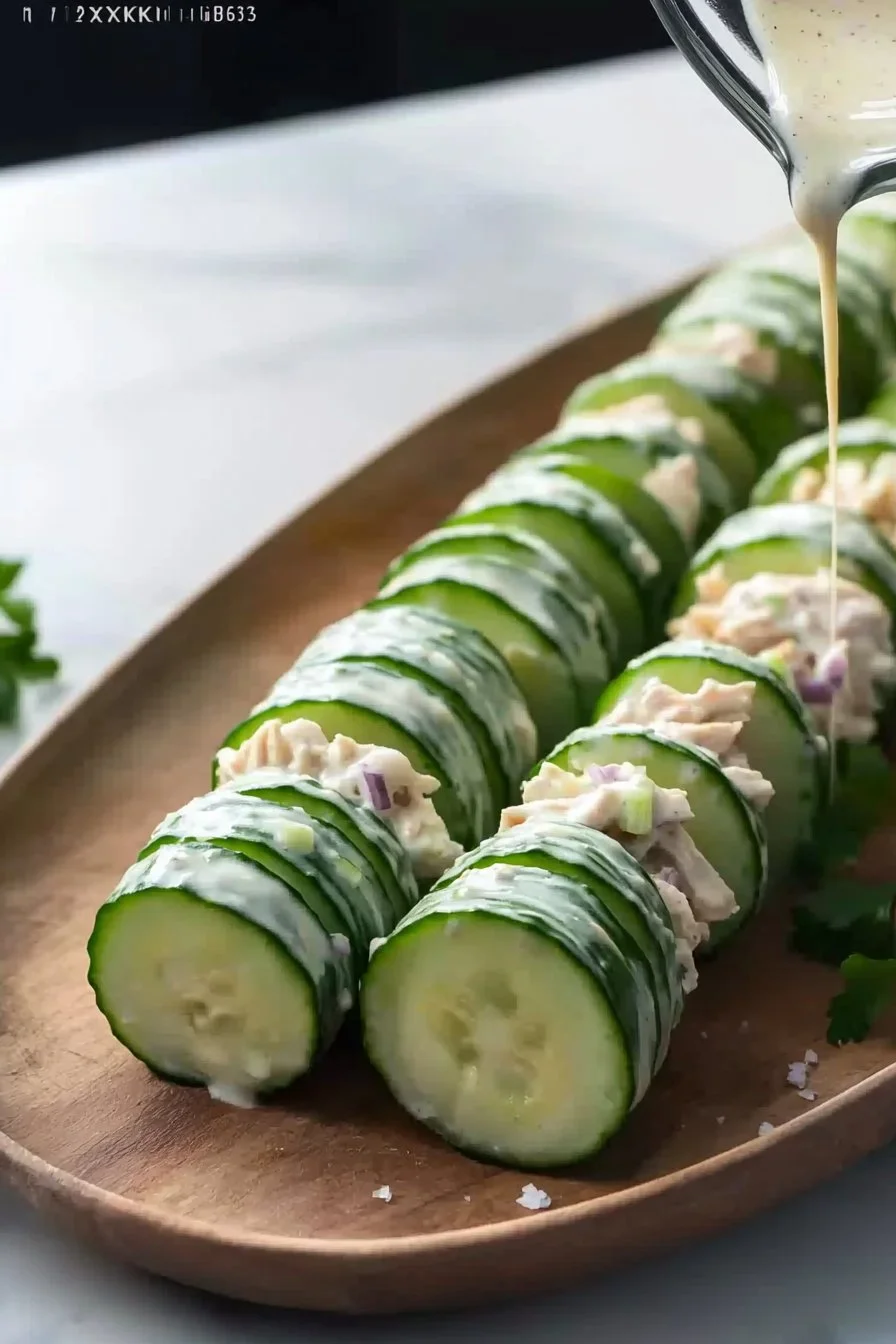 High-protein chicken salad cucumber rolls served on a plate