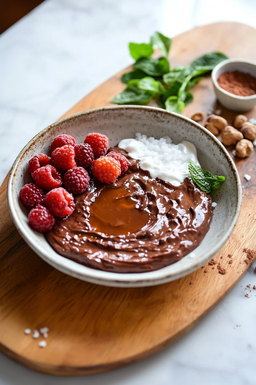 High-protein chocolate pudding topped with chocolate shavings in a bowl.