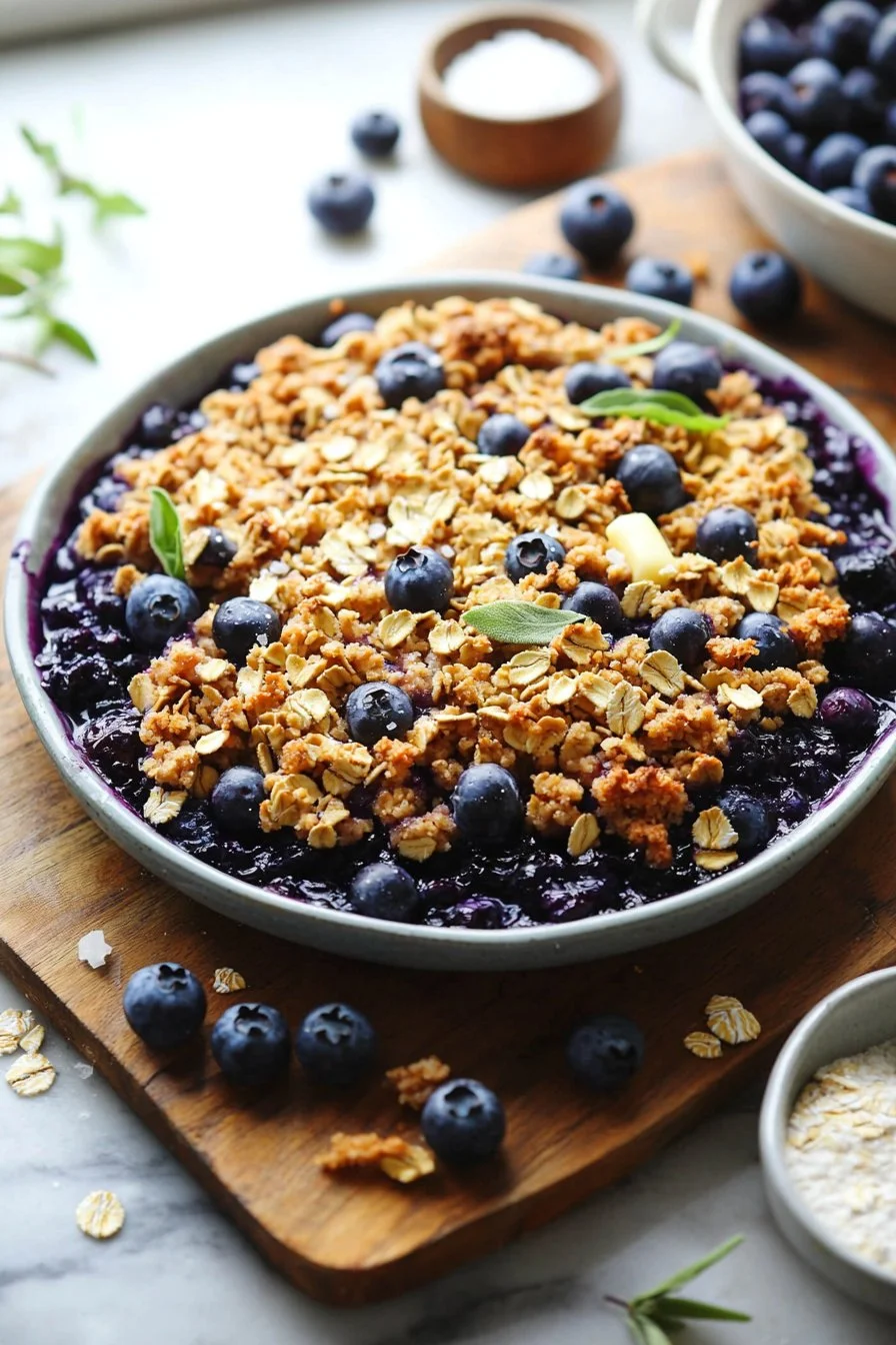 Delicious homemade blueberry crisp dessert with fresh fruit and crumbly topping