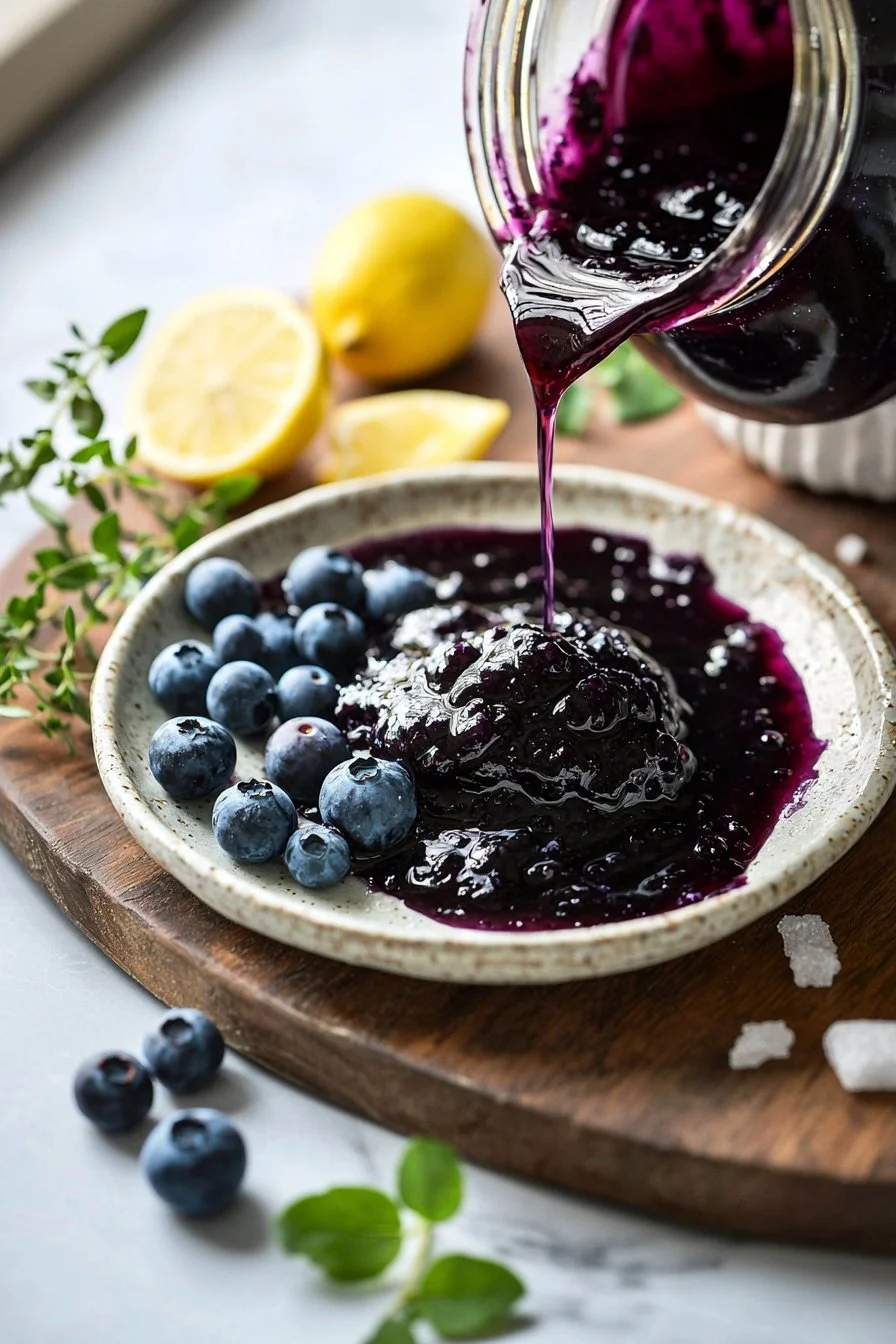 Homemade blueberry jam in a jar with fresh blueberries