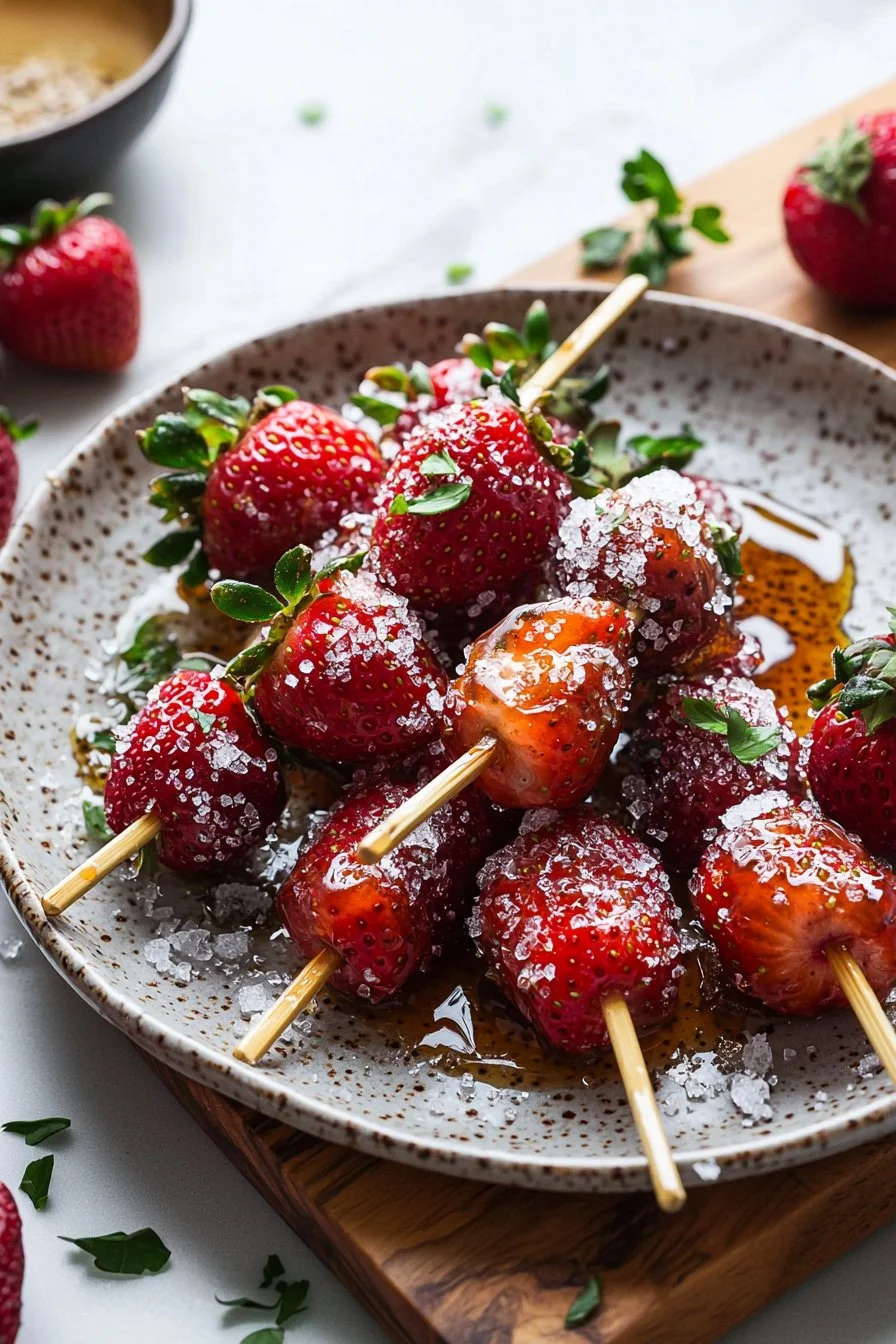 Homemade candied strawberries on a plate, glistening with sugar glaze.