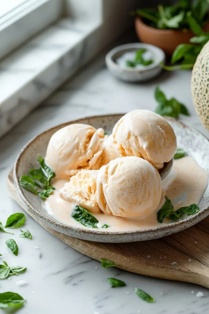 Delicious homemade cantaloupe ice cream in a bowl