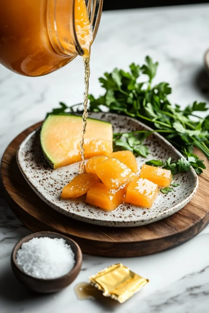 Jars of homemade cantaloupe jelly with fresh cantaloupes in the background