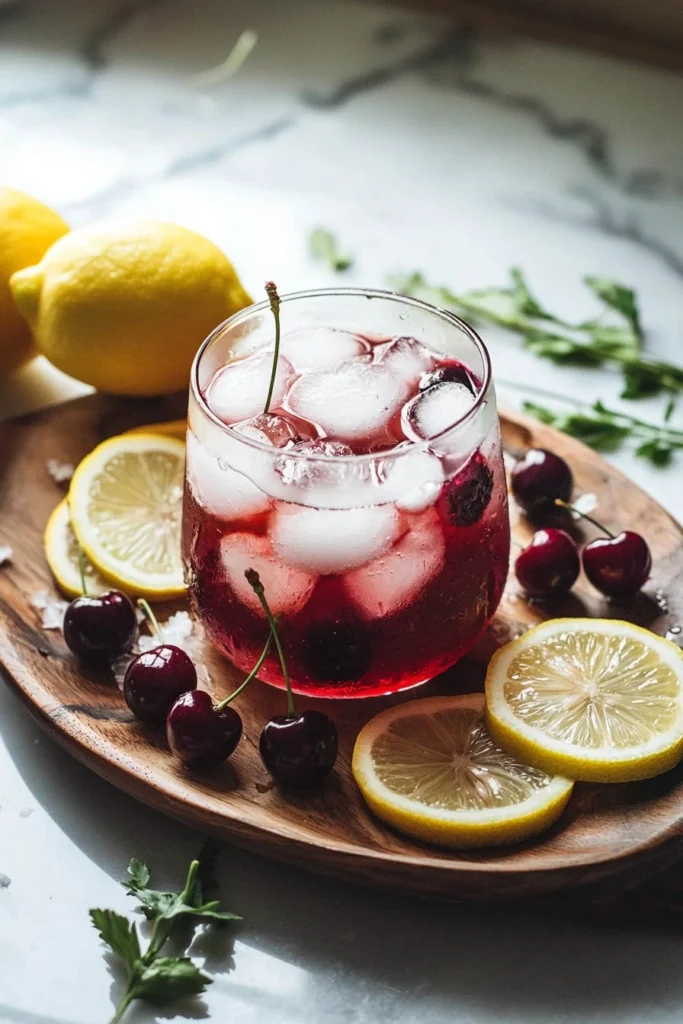 Glass of homemade cherry lemonade with fresh cherries and lemons