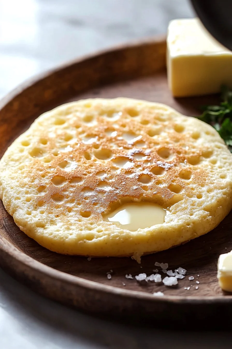 Homemade crumpets served with butter and jam on a plate.