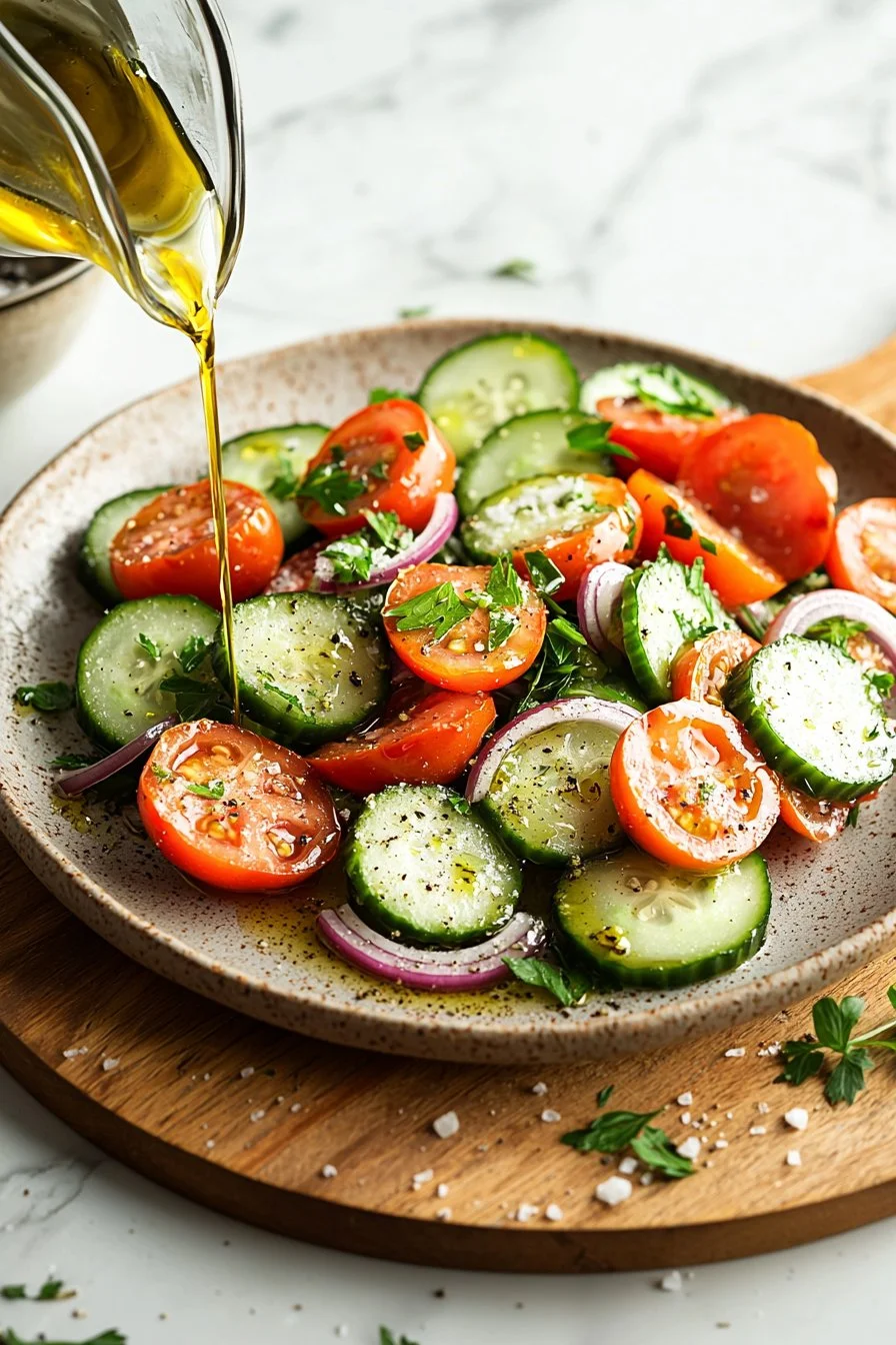 Homemade cucumber tomato salad with fresh herbs and dressing
