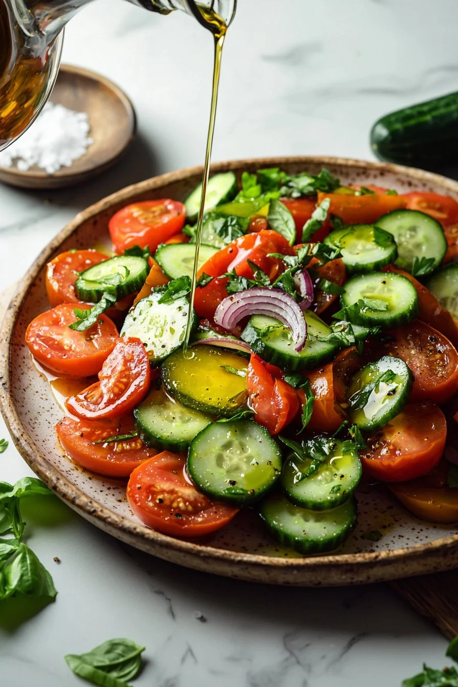 A colorful bowl of homemade cucumber tomato salad with fresh ingredients.