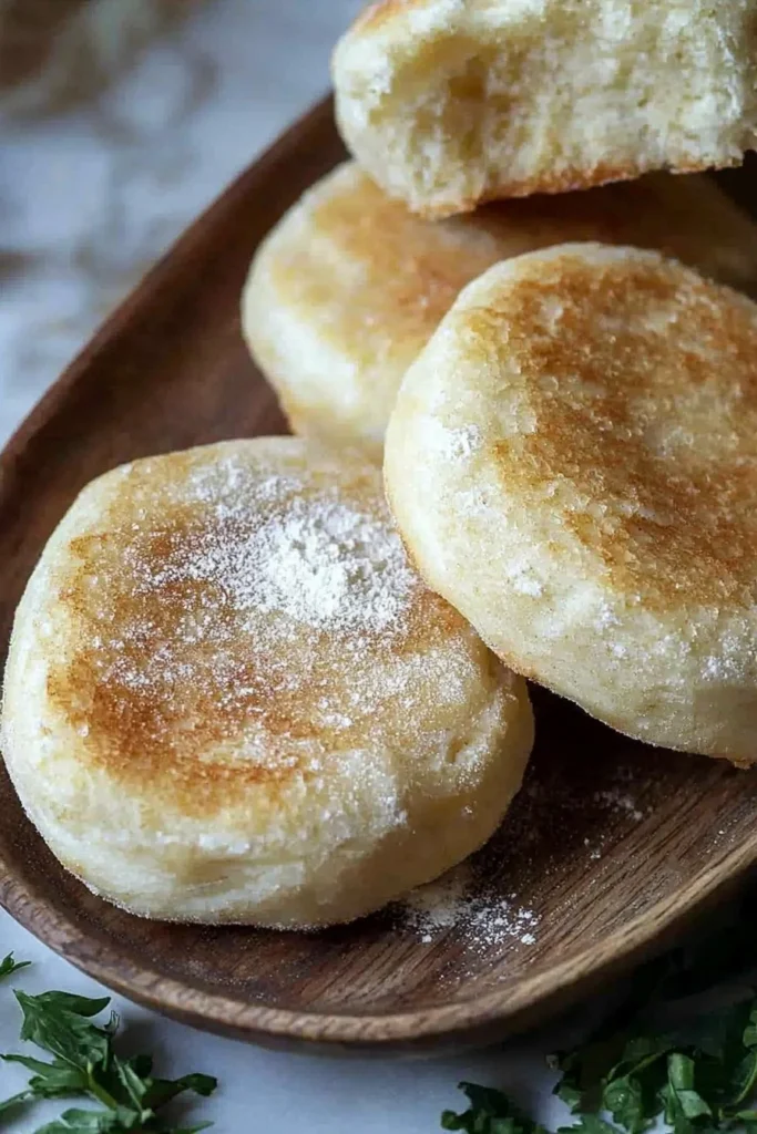 Homemade English muffins cooling on a wire rack, ready for breakfast.