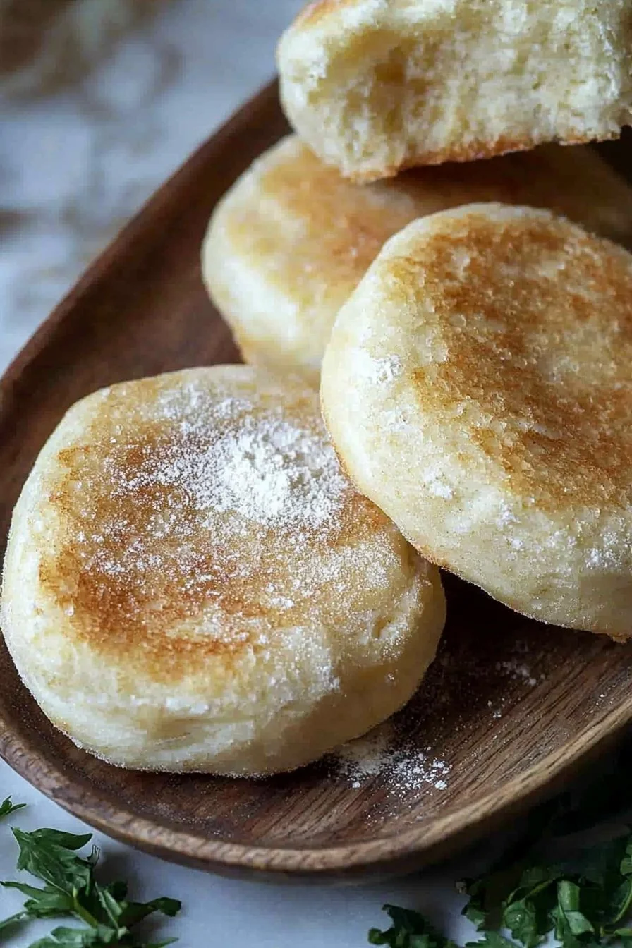 Homemade English muffins cooling on a wire rack, ready for breakfast.