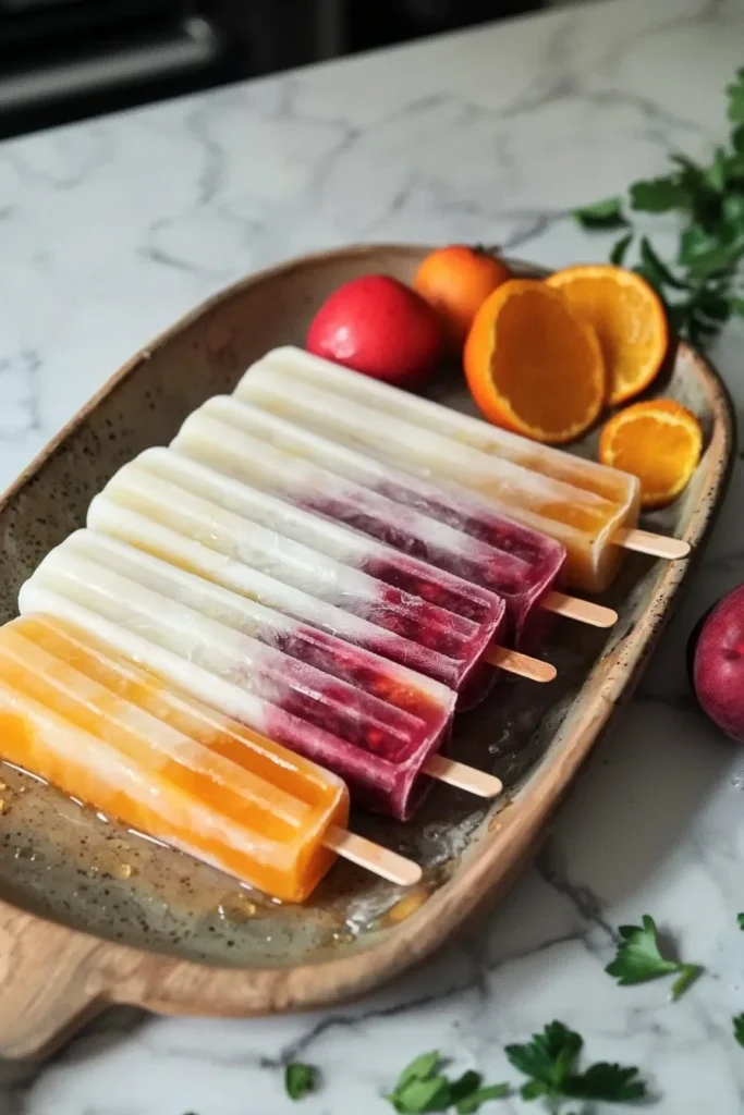 Colorful homemade freezer pops made with fresh fruit and natural ingredients.