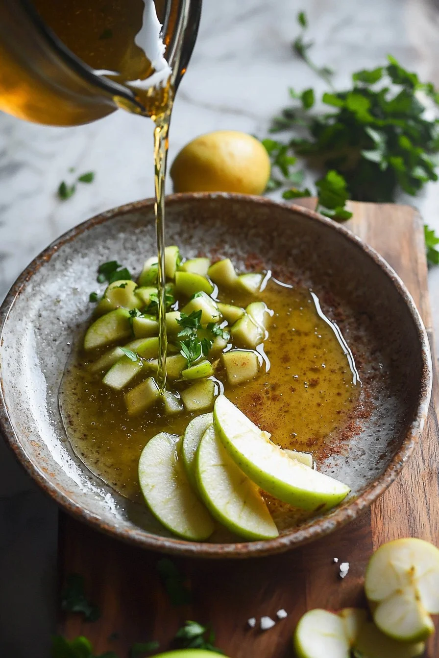 Homemade green apple syrup in a glass jar with fresh green apples