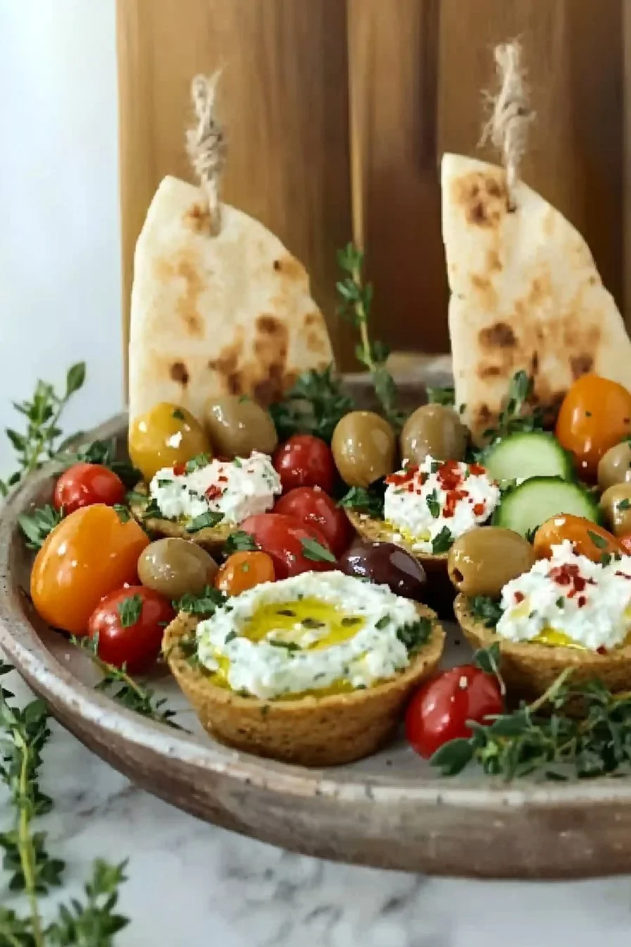Homemade mezze cups filled with tasty dips and fresh veggies
