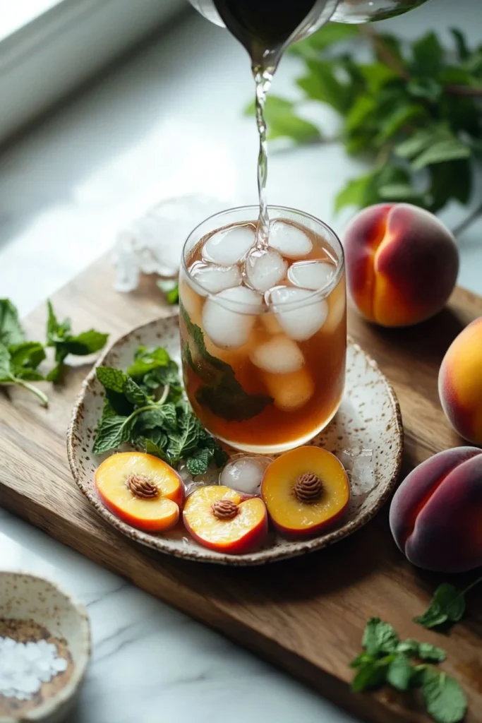 Glass of refreshing homemade peach tea with fresh peaches