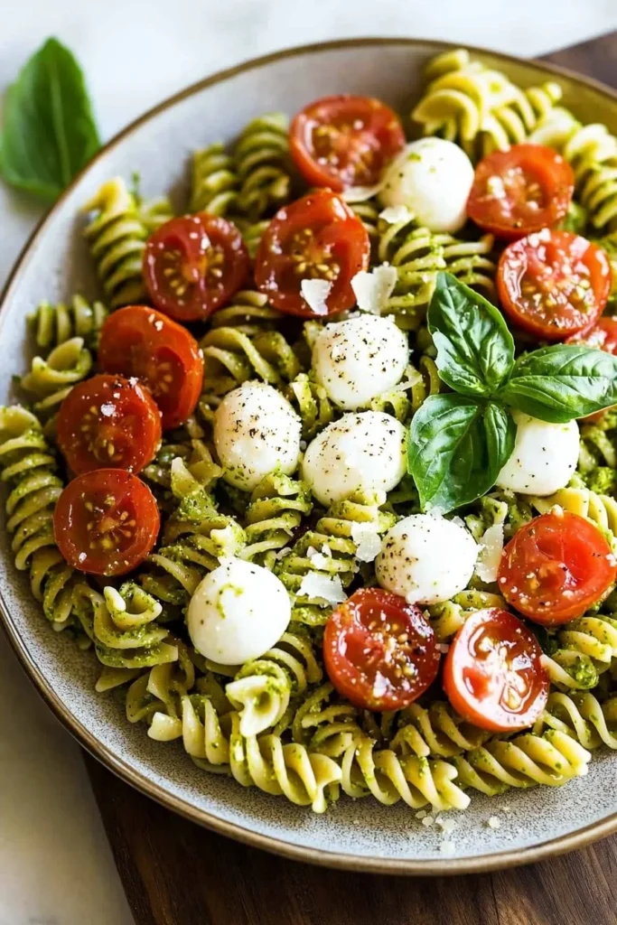 Bowl of homemade pesto pasta salad with cherry tomatoes and basil