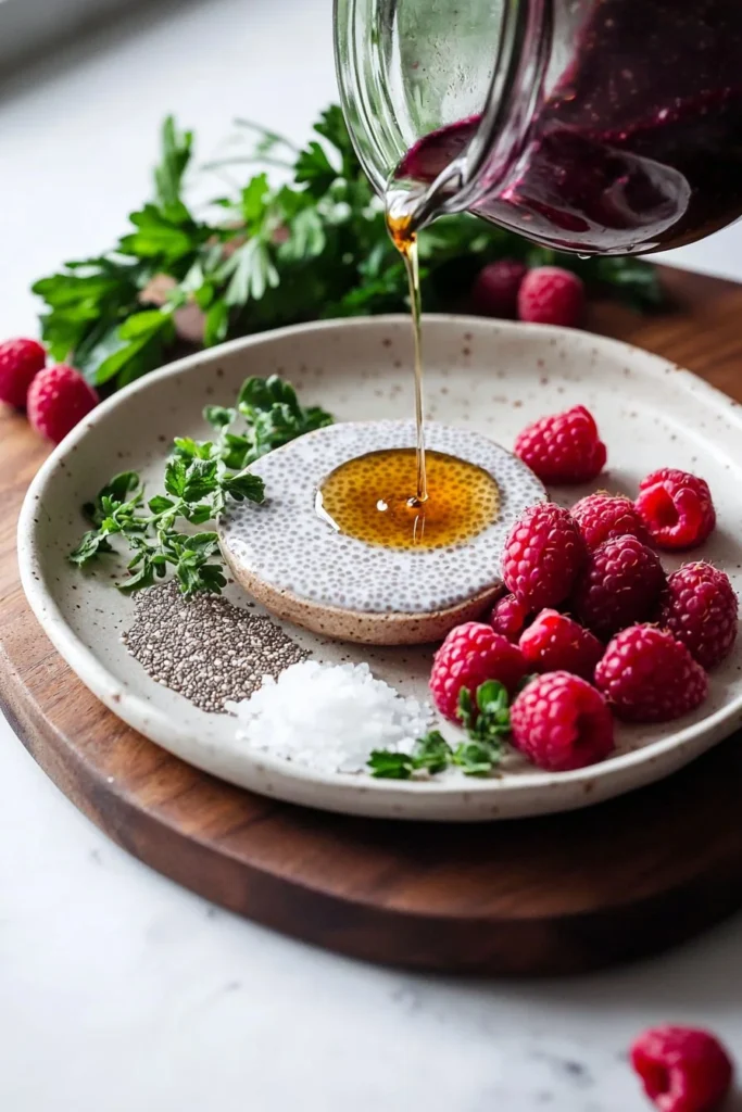Bowl of homemade raspberry chia pudding topped with fresh berries and mint.