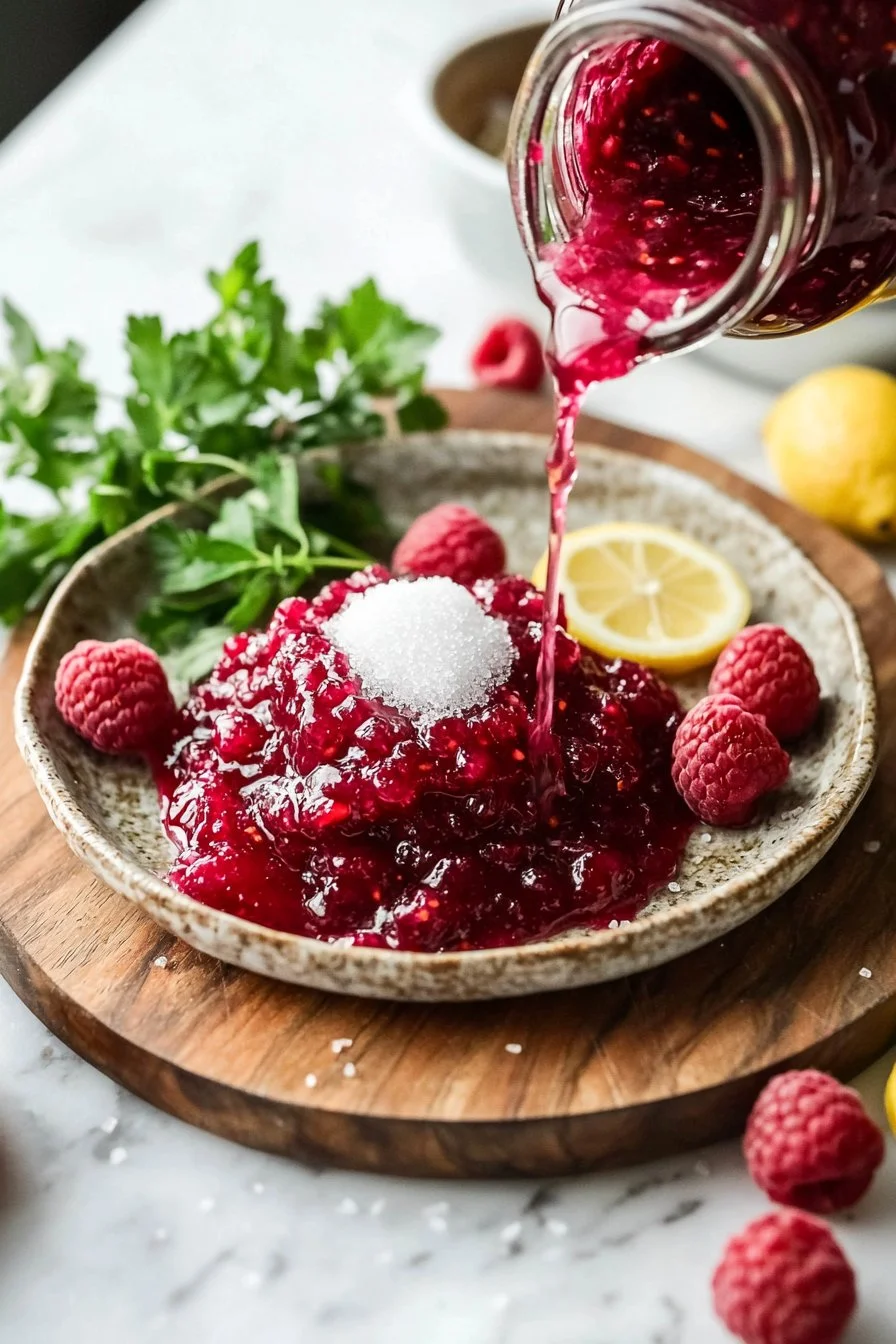 Homemade raspberry jam in a jar with fresh raspberries on a wooden table