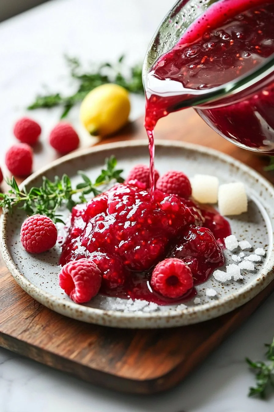 Homemade raspberry sauce drizzled over dessert