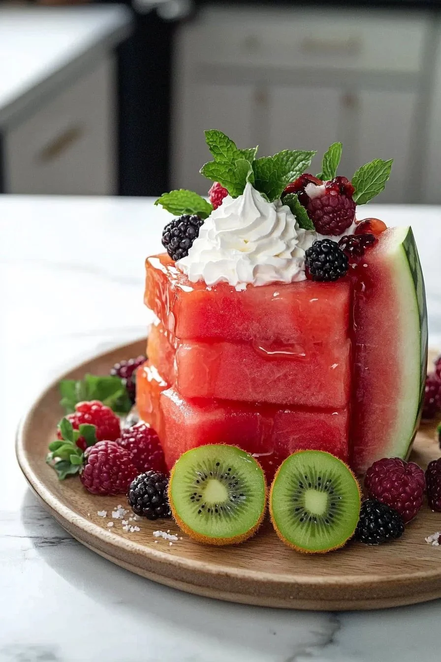 Delicious homemade watermelon cake decorated with fresh fruits and mint