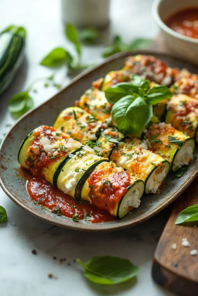 Homemade zucchini roll-ups filled with cheese and herbs on a plate