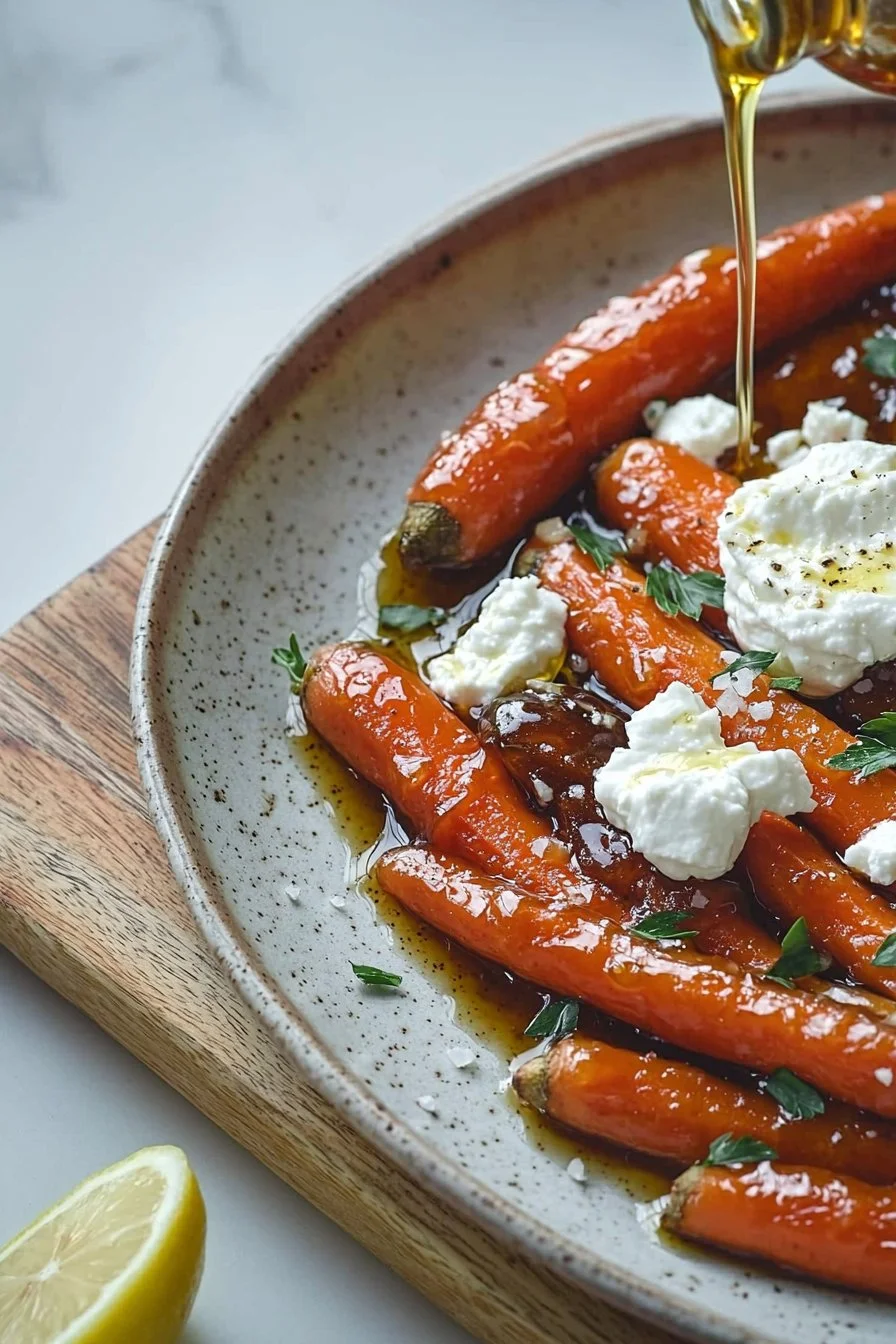 Honey caramelised carrots served with whipped feta cheese on a plate