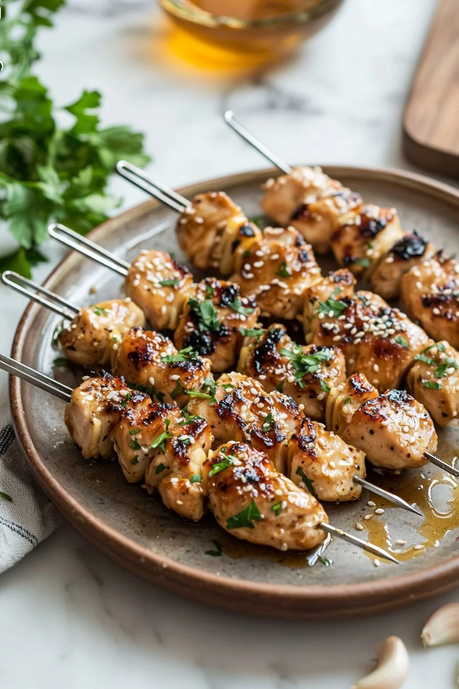 Honey garlic chicken skewers garnished with herbs and served on a plate