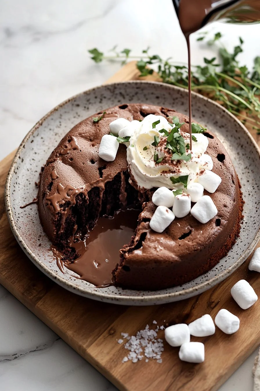 Delicious hot chocolate poke cake topped with whipped cream and chocolate shavings.