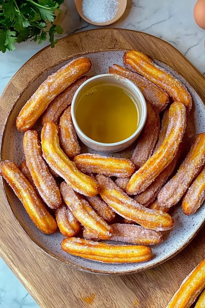 Plate of crispy and golden homemade churros dusted with sugar