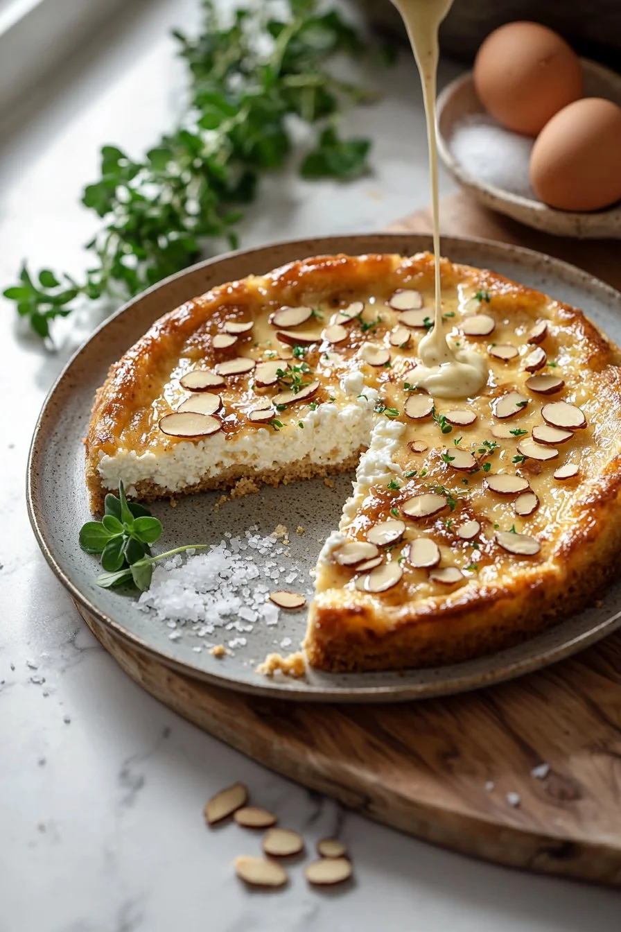 Slice of Italian Almond Ricotta Cake garnished with almonds and dusted with powdered sugar