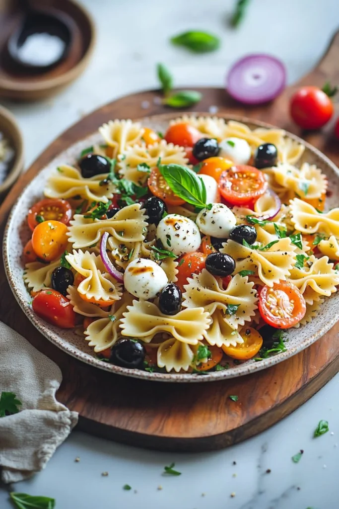 Colorful Italian Bow Tie Pasta Salad with fresh veggies and dressing