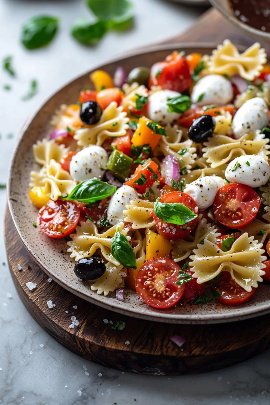 A vibrant Italian bow tie pasta salad with vegetables and dressing on a plate.