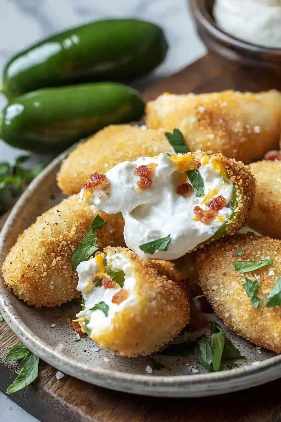 Plate of crispy and cheesy Jalapeno Popper Bites garnished with fresh herbs
