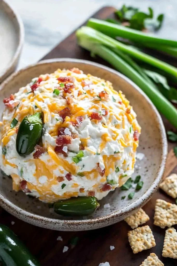 Jalapeno Popper Cheese Ball garnished with herbs and served with crackers.