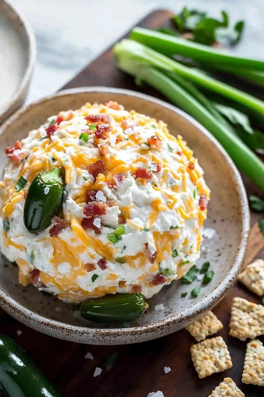 Jalapeno Popper Cheese Ball garnished with herbs and served with crackers.